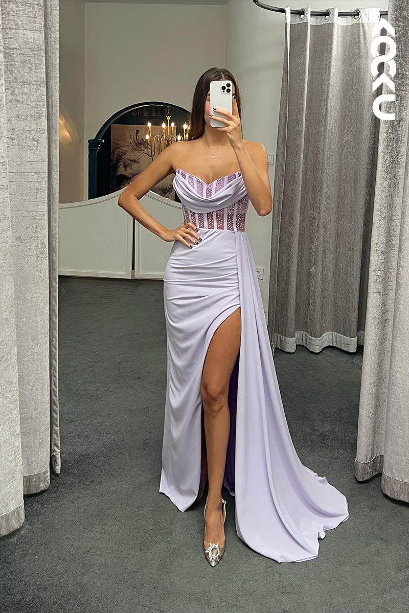 L1347 - Sheath/Column Sweetheart Satin Beaded Split Prom Evening Formal Dress
