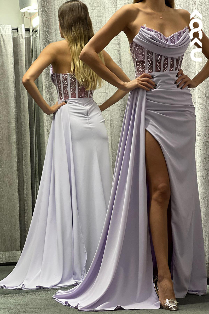 L1347 - Sheath/Column Sweetheart Satin Beaded Split Prom Evening Formal Dress