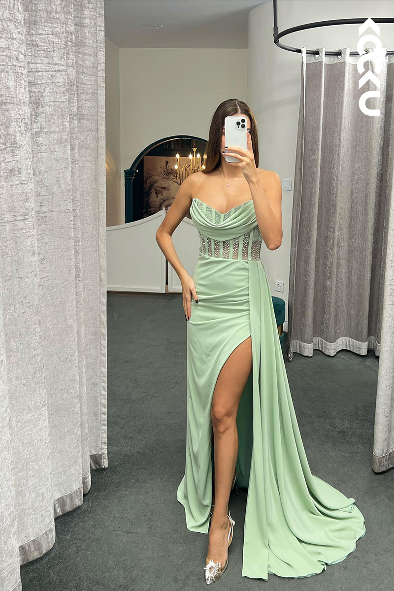 L1347 - Sheath/Column Sweetheart Satin Beaded Split Prom Evening Formal Dress