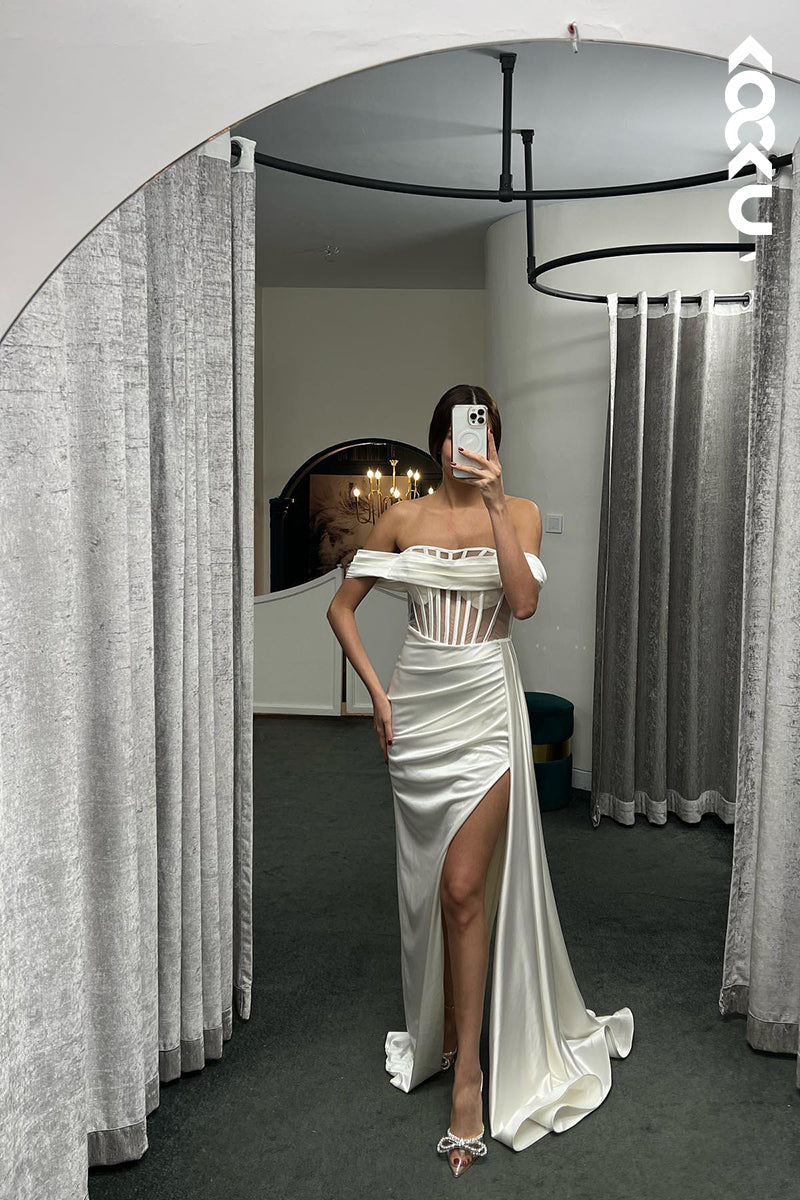 L1349 - Sheath/Column Off-Shoulder Satin Pleats Sleeveless Prom Evening Formal Dress