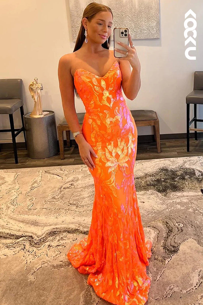 L1353 - Trumpet/Mermaid V-Neck Sequined Lace-Up Sleeveless Prom Evening Formal Dress