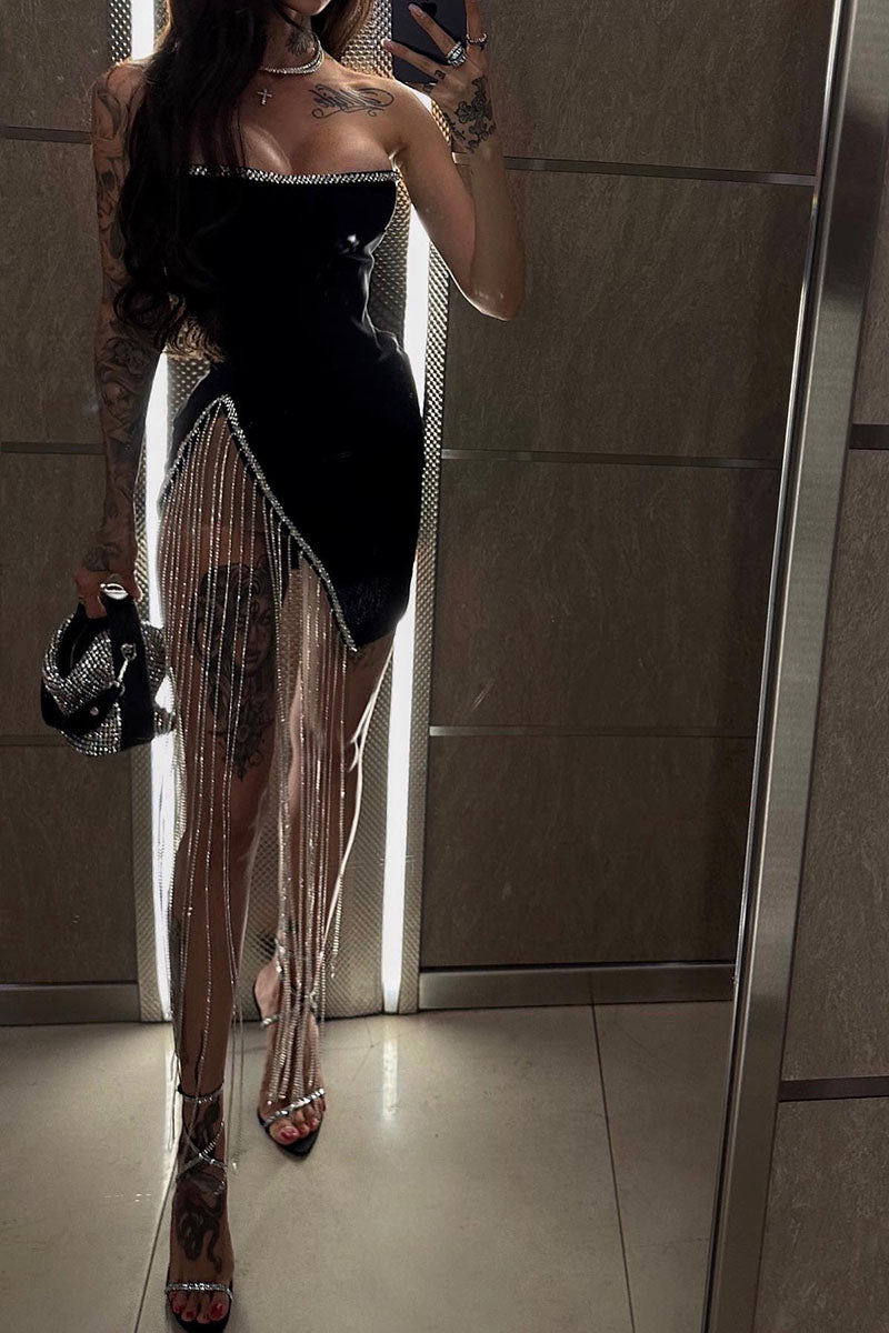 L1354 - Sheath/Column Strapless Sleevelss Beaded Satin Evening Party Formal Dress