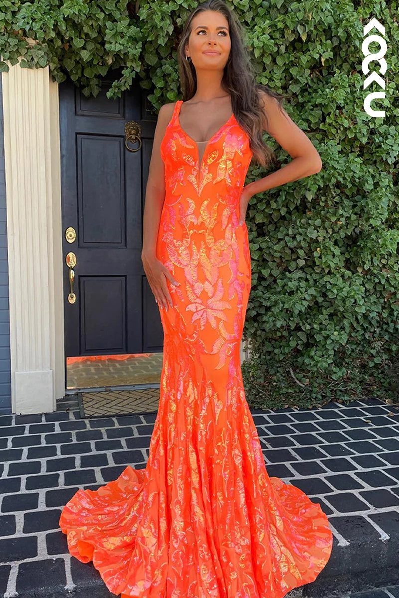 L1355 - Trumpet/Mermaid V-Neck Sequined Zipper-Up Sleeveless Prom Evening Formal Dress