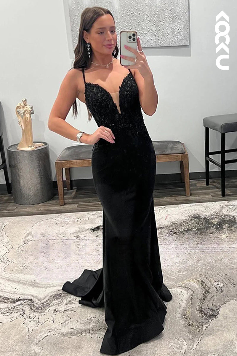 L1356 - Sheath/Column V-Neck Satin Beaded Sleeveless Prom Evening Formal Dress