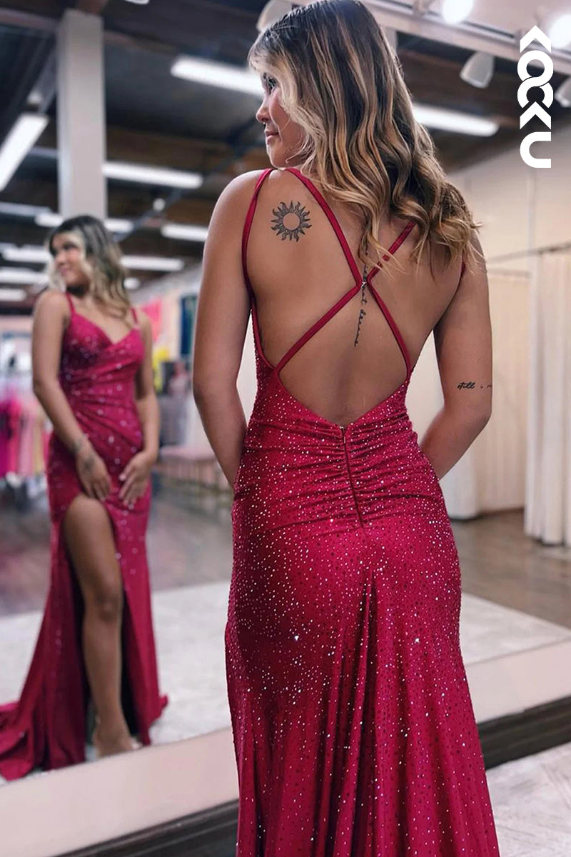L1357 - Sheath/Column Sweetheart Sequined Split Prom Evening Formal Dress