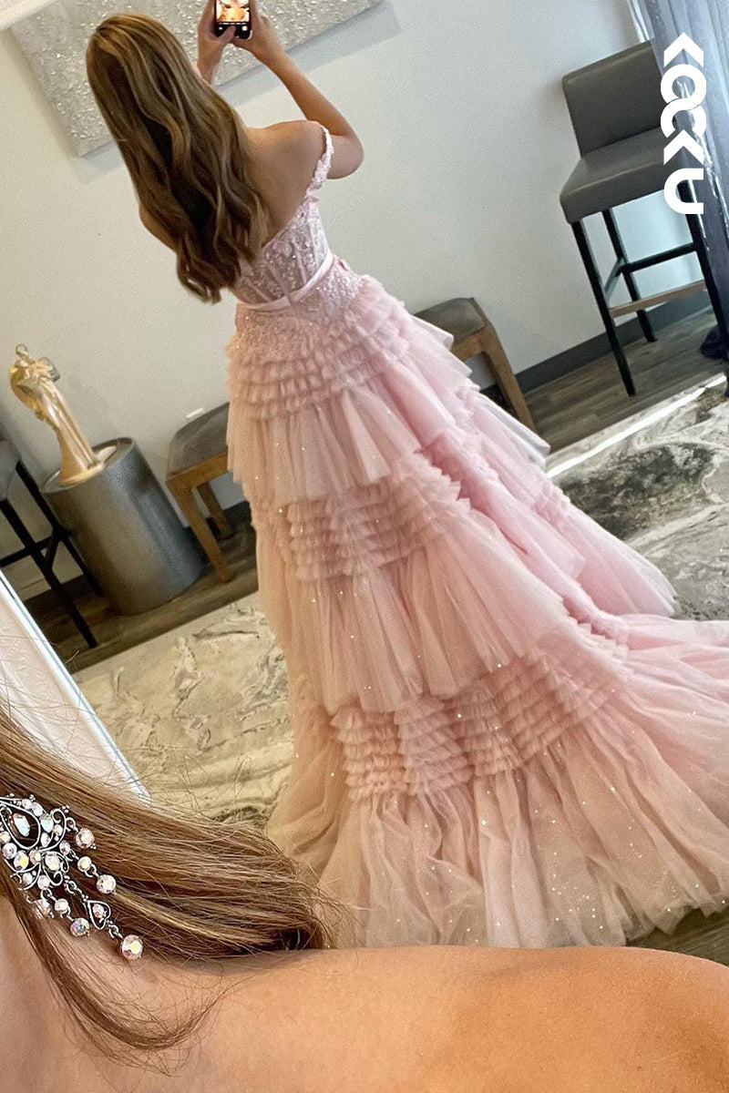L1358 - A-Line Off-Shoulder Tulle Appliques Sleeveless Prom Evening Formal Dress