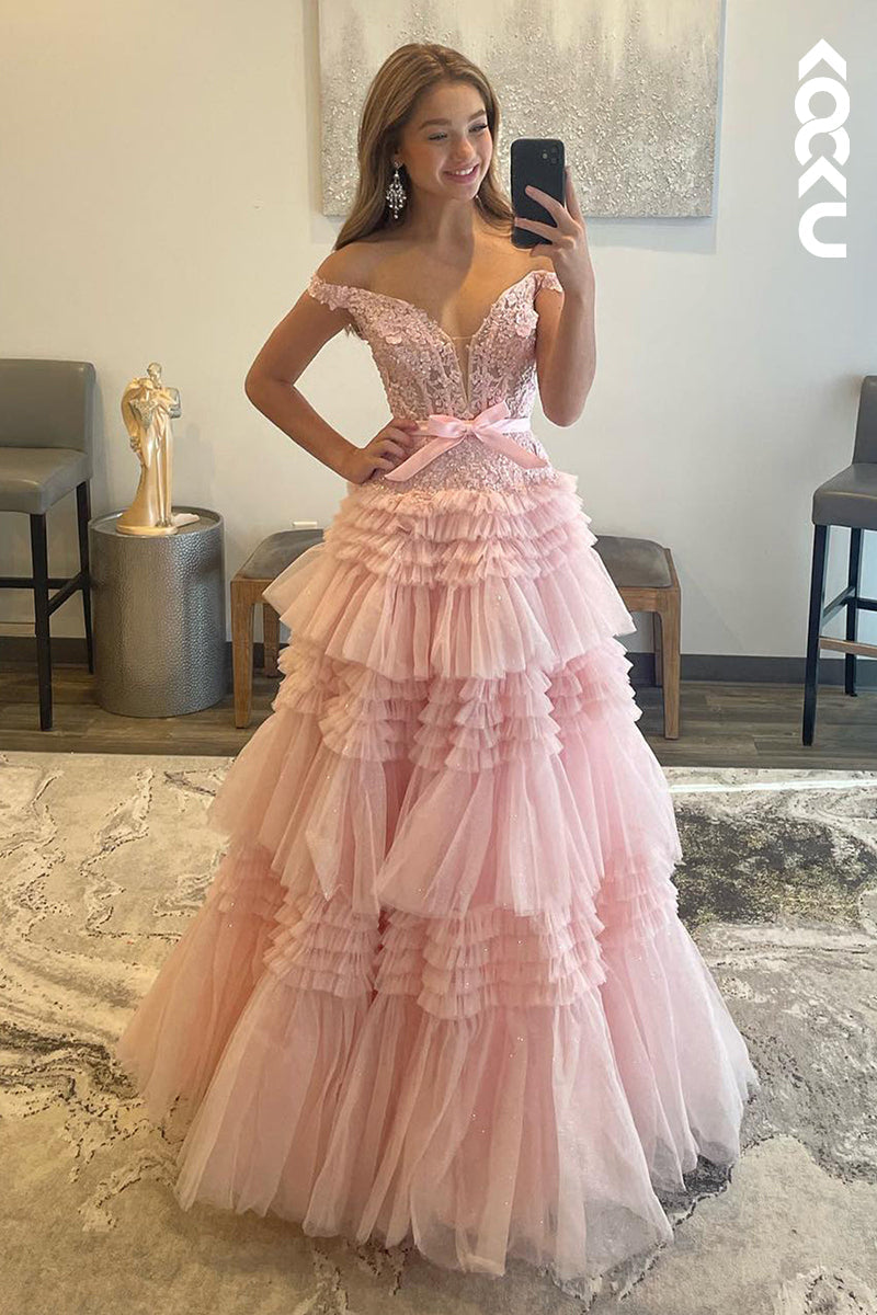 L1358 - A-Line Off-Shoulder Tulle Appliques Sleeveless Prom Evening Formal Dress