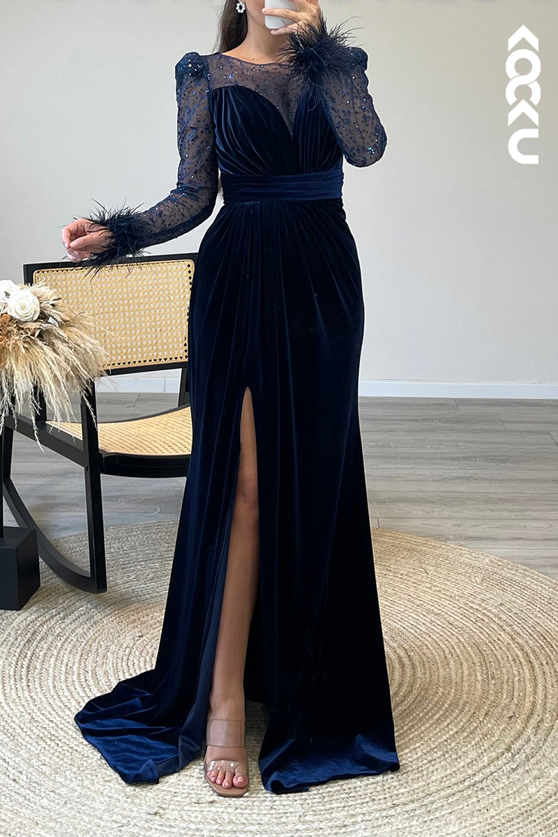 L1361 - Scoop Long Sleeves Feather Velvet Pleated Sheath Formal Dress for Wedding