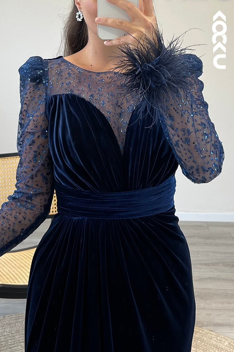L1361 - Scoop Long Sleeves Feather Velvet Pleated Sheath Formal Dress for Wedding