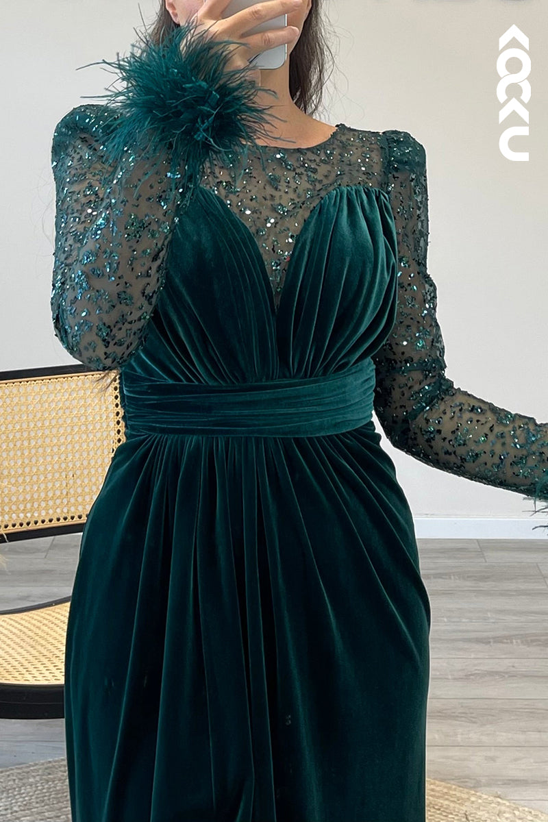 L1361 - Scoop Long Sleeves Feather Velvet Pleated Sheath Formal Dress for Wedding