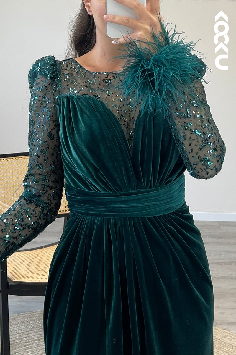 L1361 - Scoop Long Sleeves Feather Velvet Pleated Sheath Formal Dress for Wedding