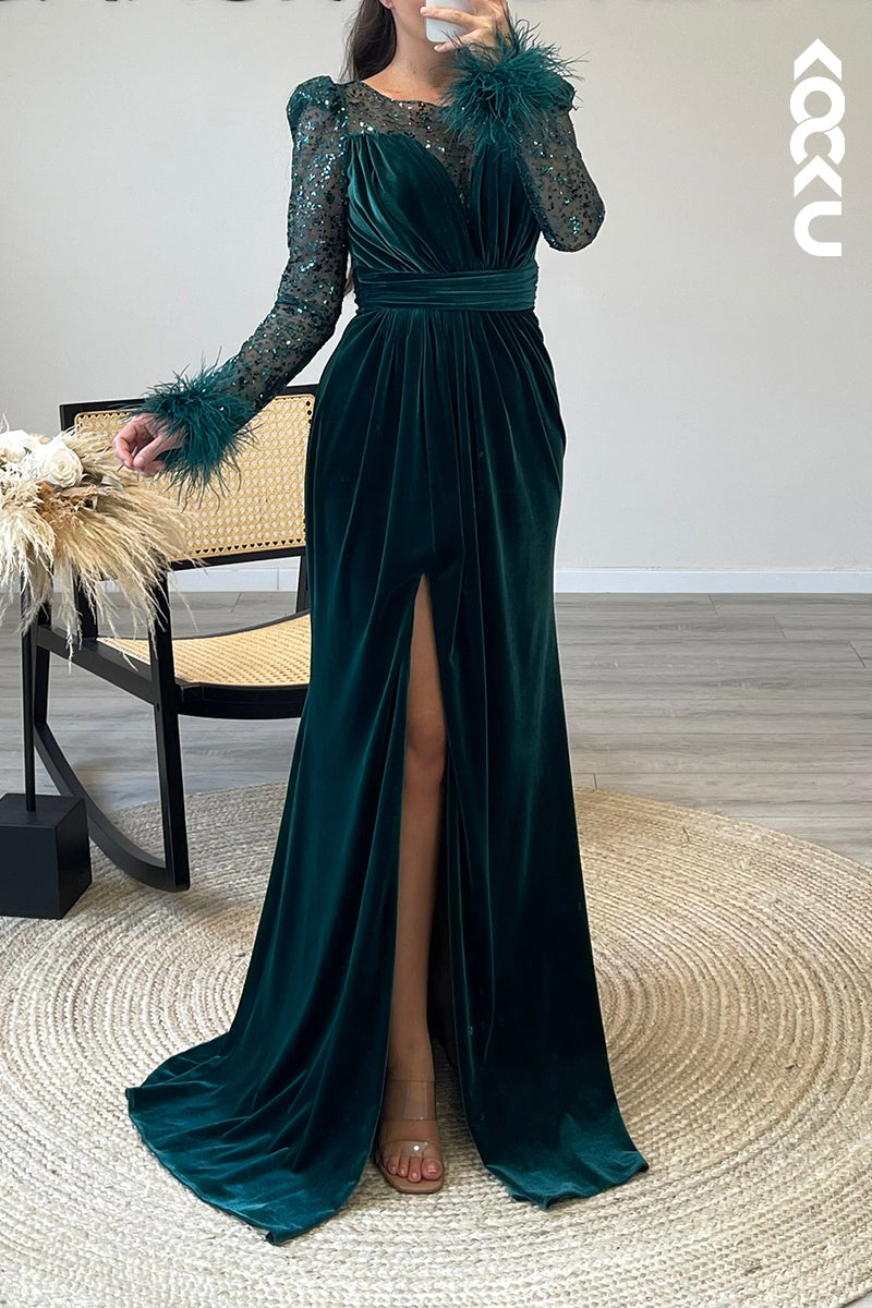 L1361 - Scoop Long Sleeves Feather Velvet Pleated Sheath Formal Dress for Wedding