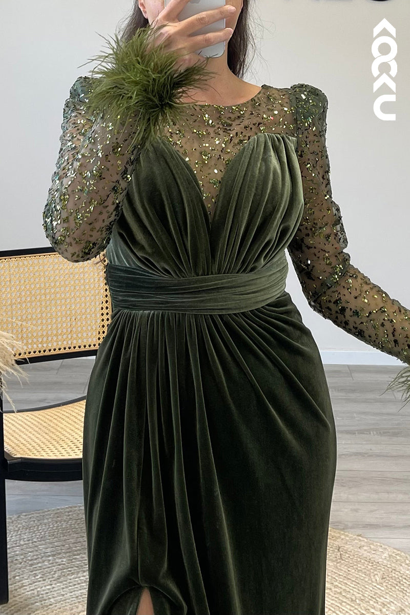 L1361 - Scoop Long Sleeves Feather Velvet Pleated Sheath Formal Dress for Wedding