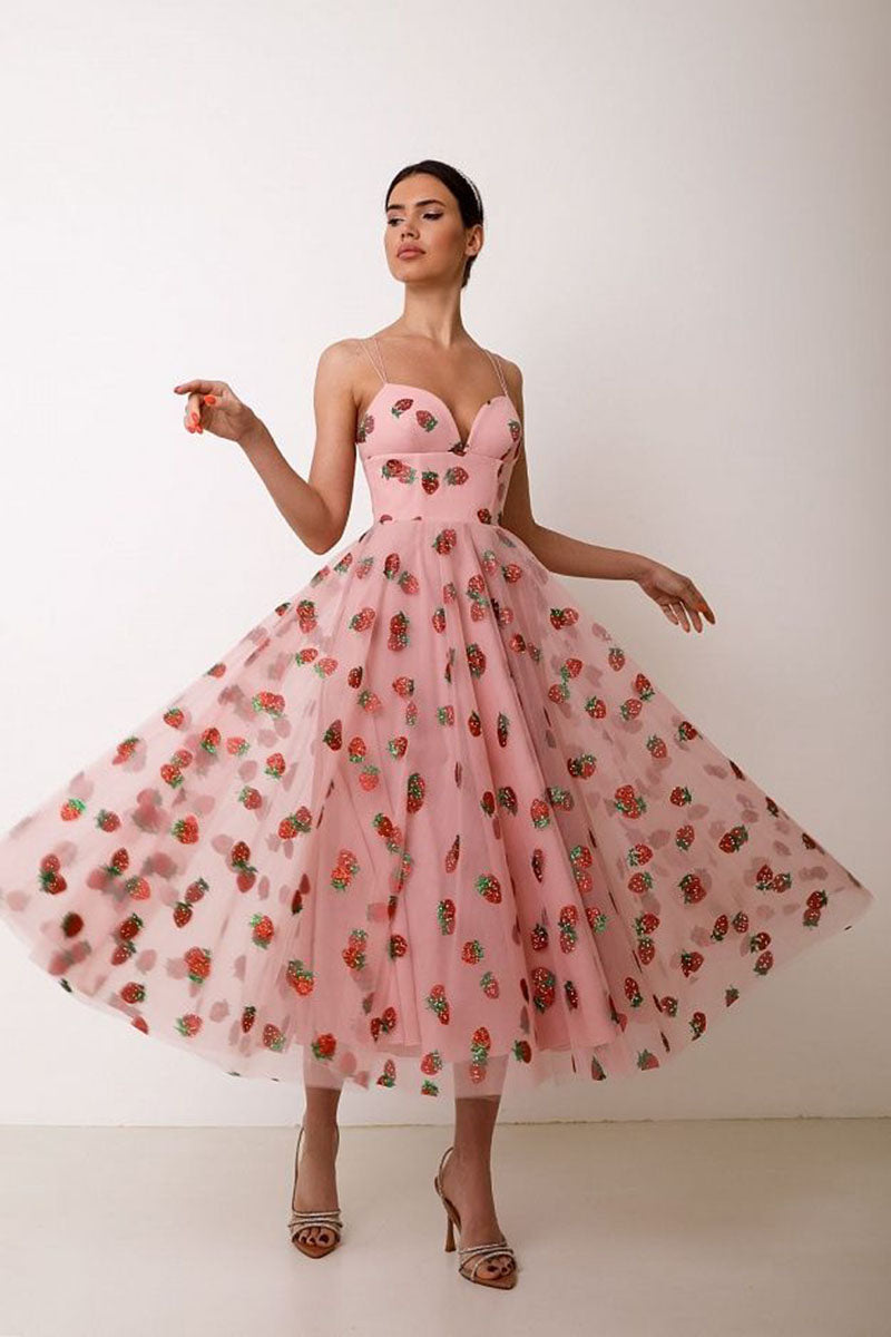 L1362 - Sweetheart Strawberry Print Tulle A-Line Long Prom Evening Formal Dress