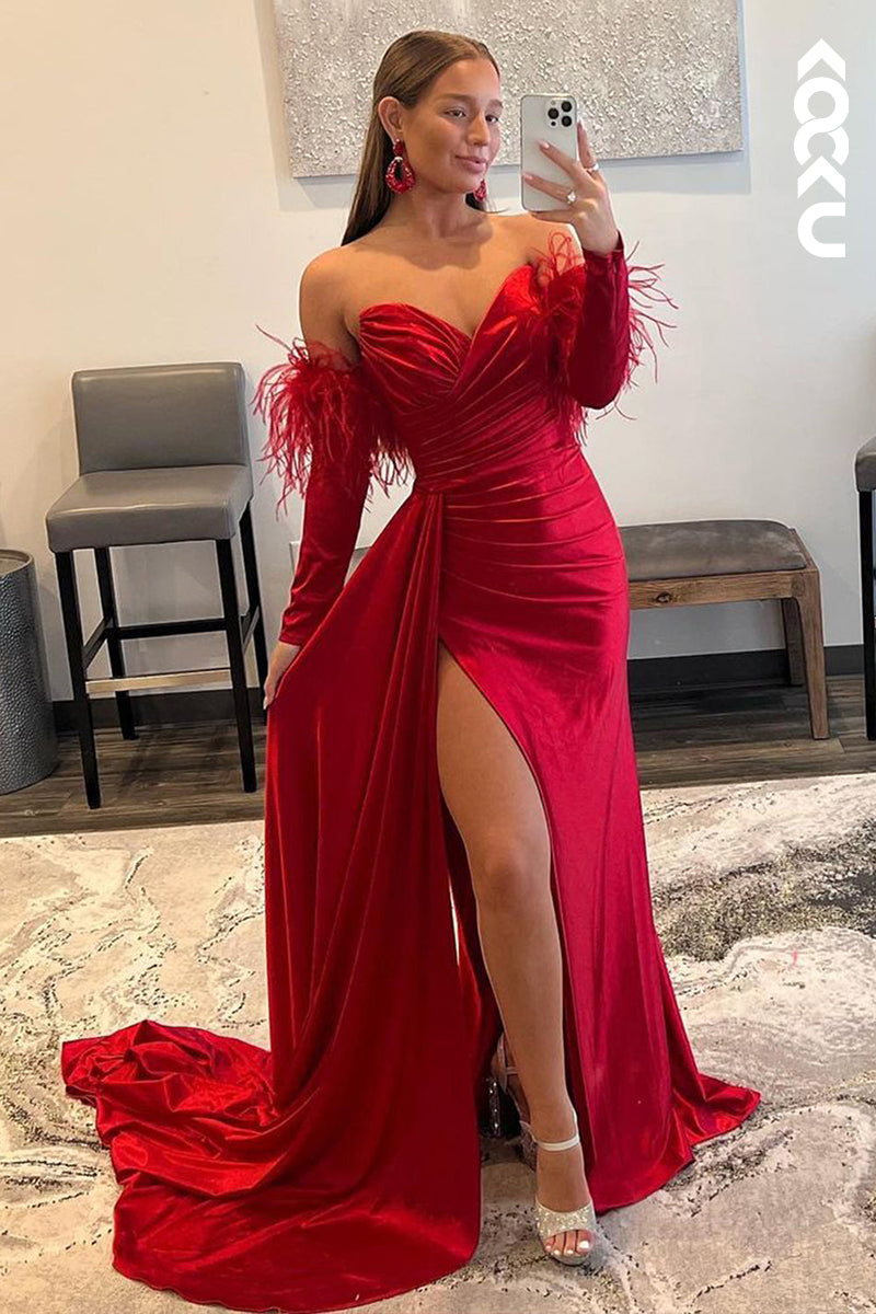 L1365 - Sheath/Column Sweetheart Satin Pleats Feathers Prom Evening Formal Dress