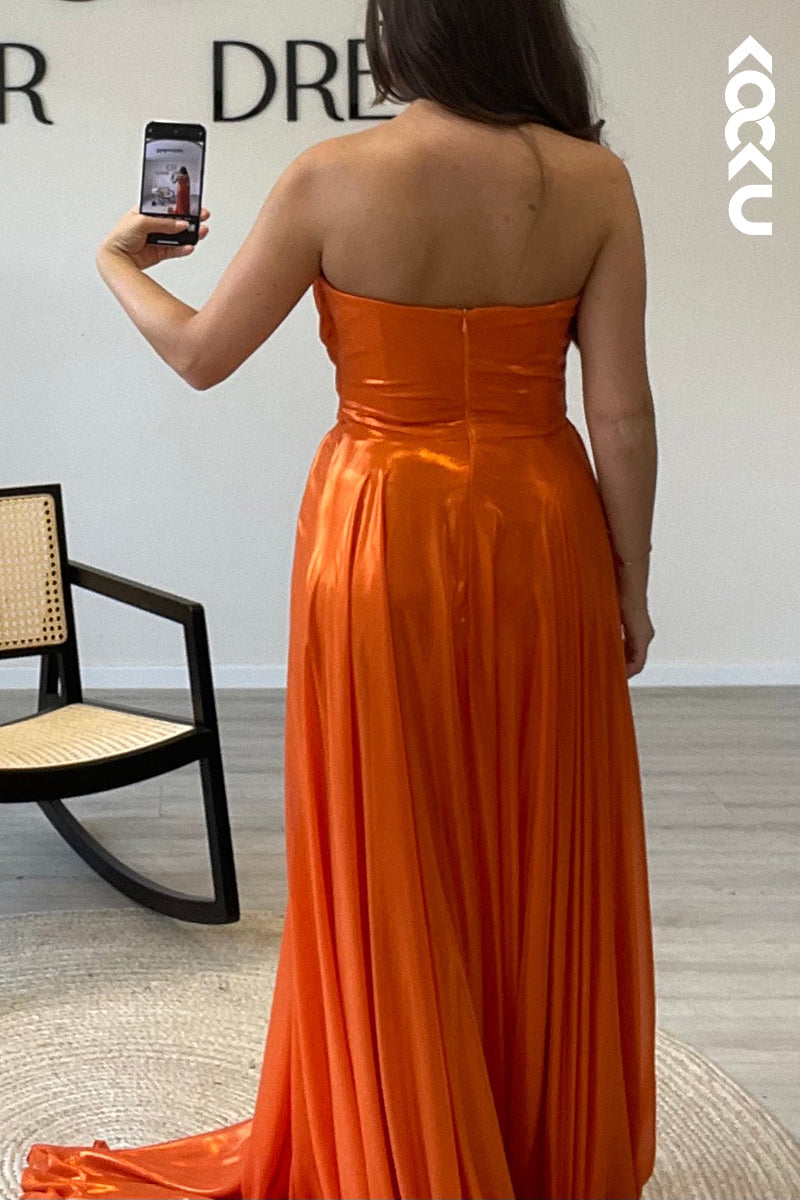 L1368 - Glitter Strapless Tulle Pleated A Line Long Semi Formal Dress With Slit