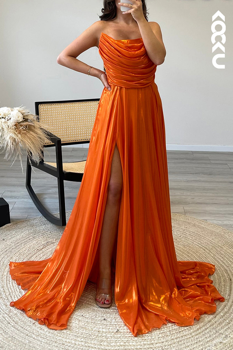 L1368 - Glitter Strapless Tulle Pleated A Line Long Semi Formal Dress With Slit