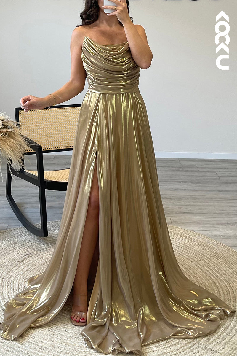 L1368 - Glitter Strapless Tulle Pleated A Line Long Semi Formal Dress With Slit