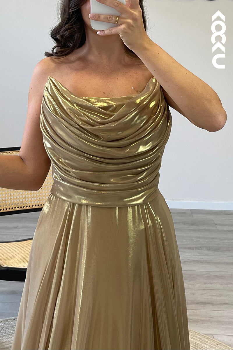L1368 - Glitter Strapless Tulle Pleated A Line Long Semi Formal Dress With Slit