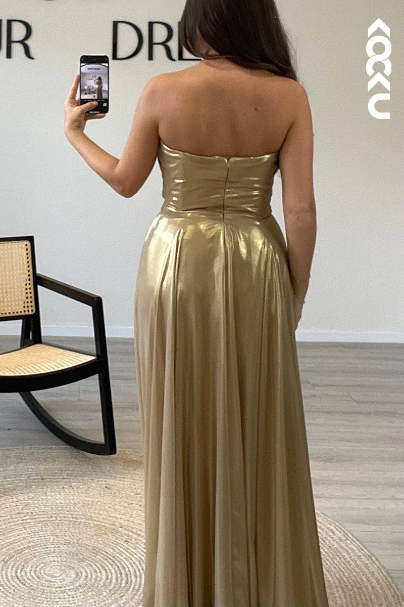 L1368 - Glitter Strapless Tulle Pleated A Line Long Semi Formal Dress With Slit