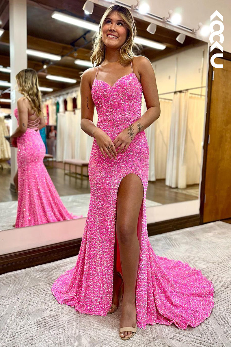 L1373 - Sheath/Column Sweetheart Sequined Split Prom Evening Formal Dress