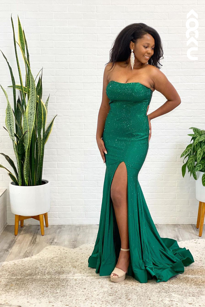 L1377 - Sheath/Column Strapless Sequined Split Sleeveless Prom Evening Formal Dress