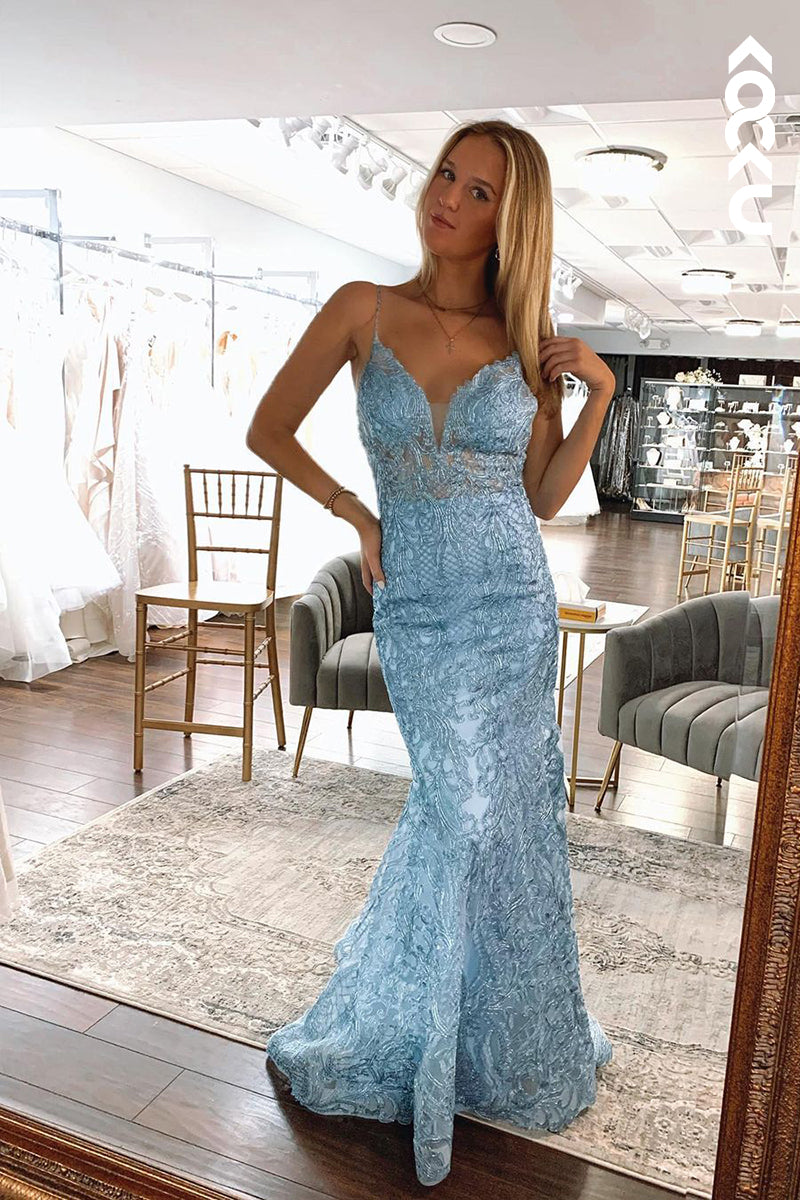L1379 - Sheath/Column V-Neck Lace Appliques Backless Prom Evening Formal Dress
