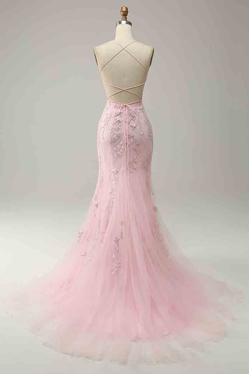 L1380 - Sheath/Column Straps Tulle Appliques Sleeveless Prom Evening Formal Dress