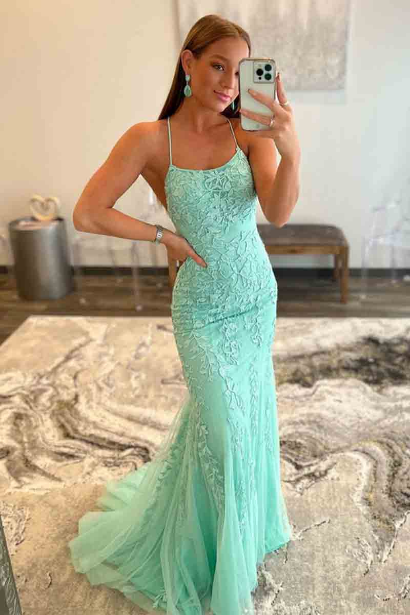 L1380 - Sheath/Column Straps Tulle Appliques Sleeveless Prom Evening Formal Dress