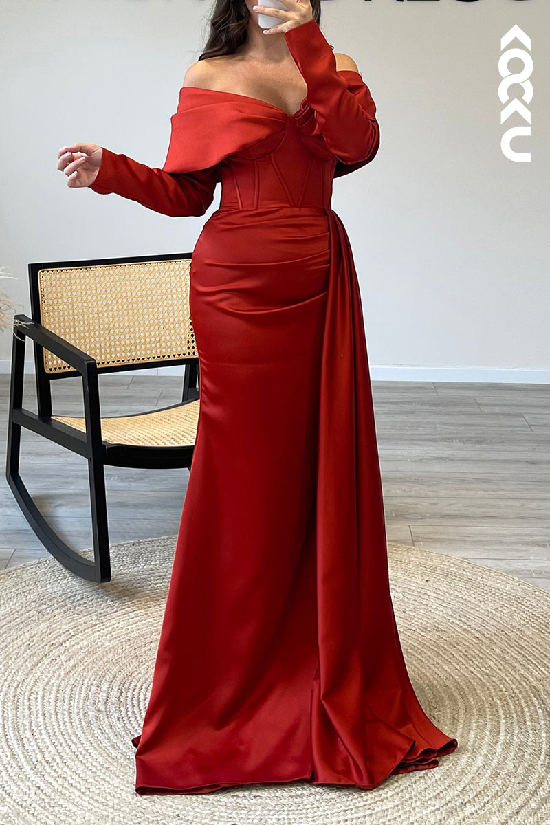 L1392 - Off Shoulder Long Sleeves Satin Mermaid Long Formal Evening Dress