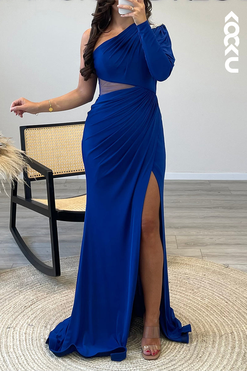 L1396 - One Shoulder Beaded Satin Pleated Mermaid Long Formal Dress With Slit