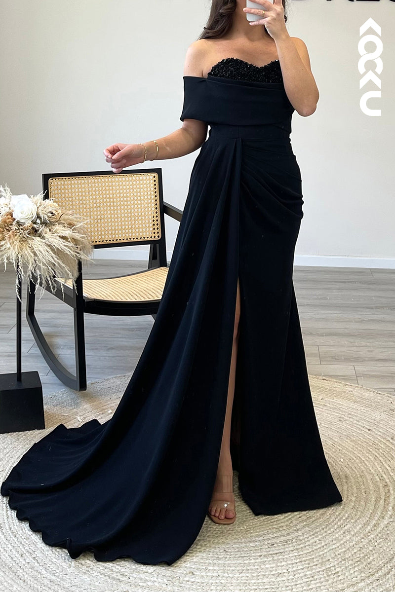 L1403 - Mermaid/Trumpet One Shoulder Beaded Satin Long Formal Evening Dress