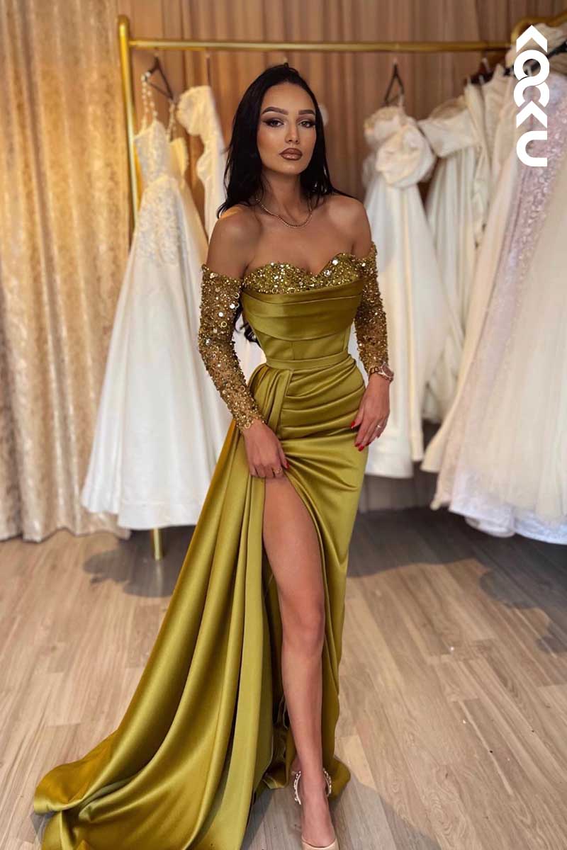 L1440 - Sweetheart Sequins Long Sleeves Satin Prom Evening Formal Dress