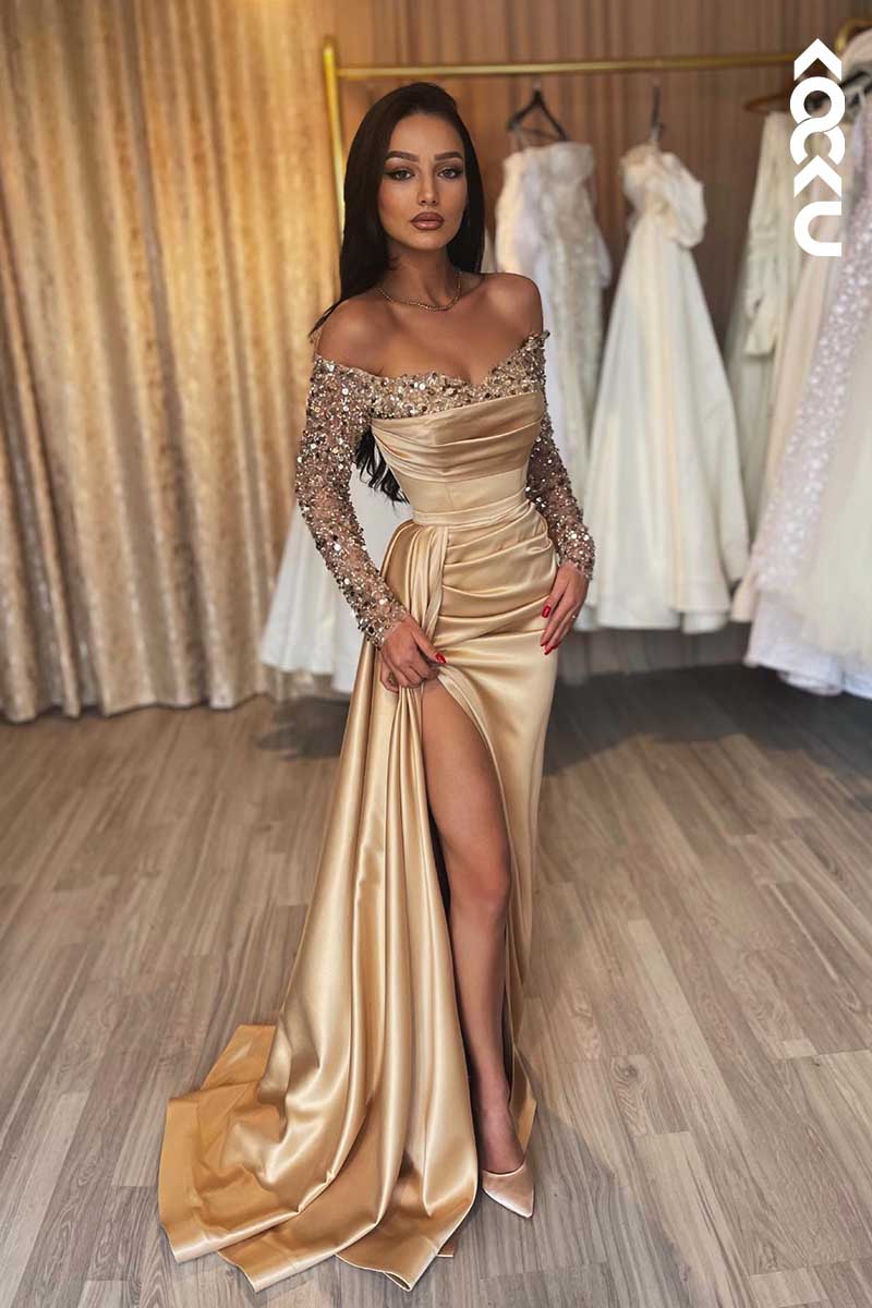 L1441 - Sweetheart Sequins Long Sleeves Satin Prom Evening Formal Dress