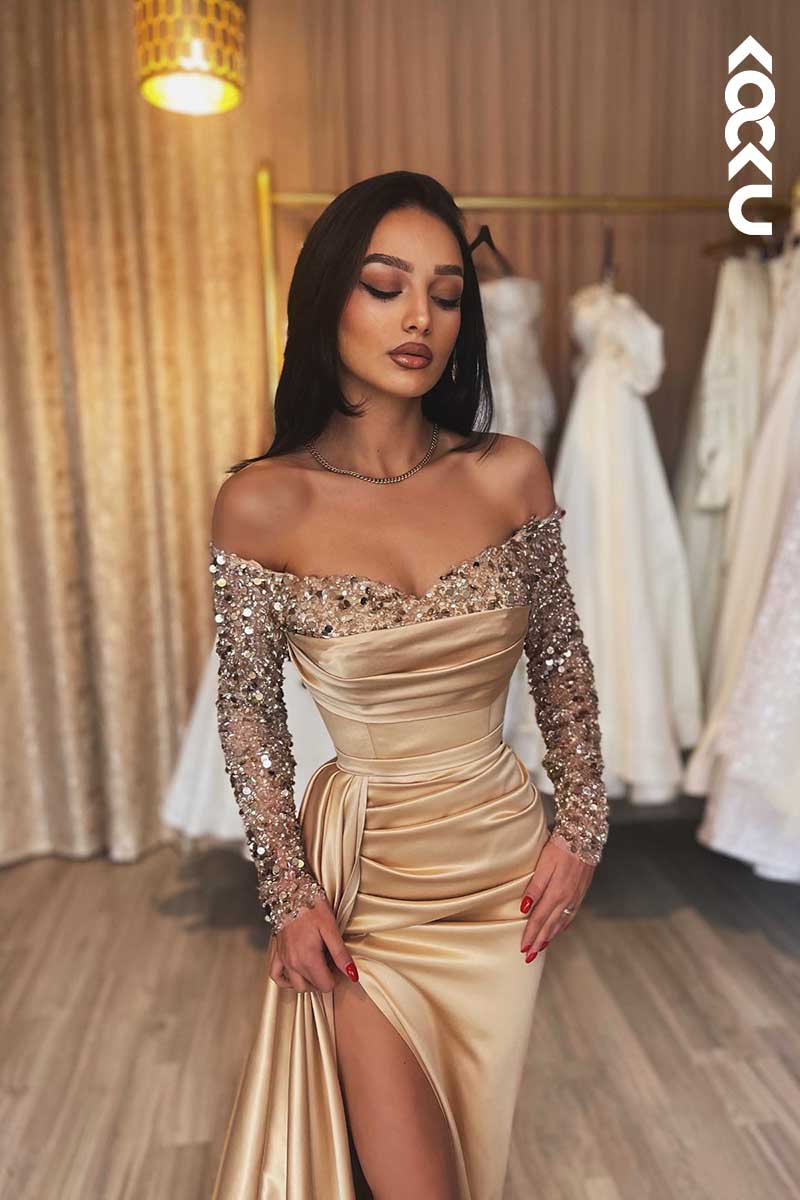 L1441 - Sweetheart Sequins Long Sleeves Satin Prom Evening Formal Dress