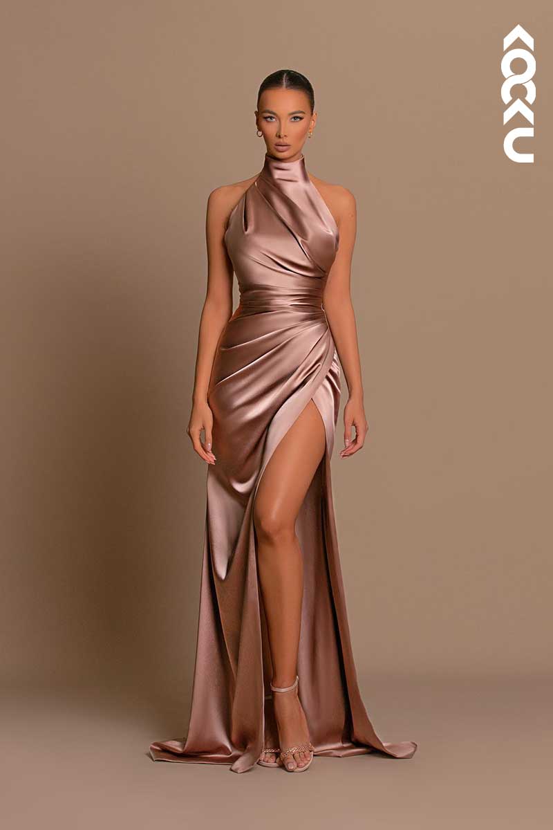 L1442 - High Neck Halter Ruched Satin Long Prom Evening Formal Dress With Slit