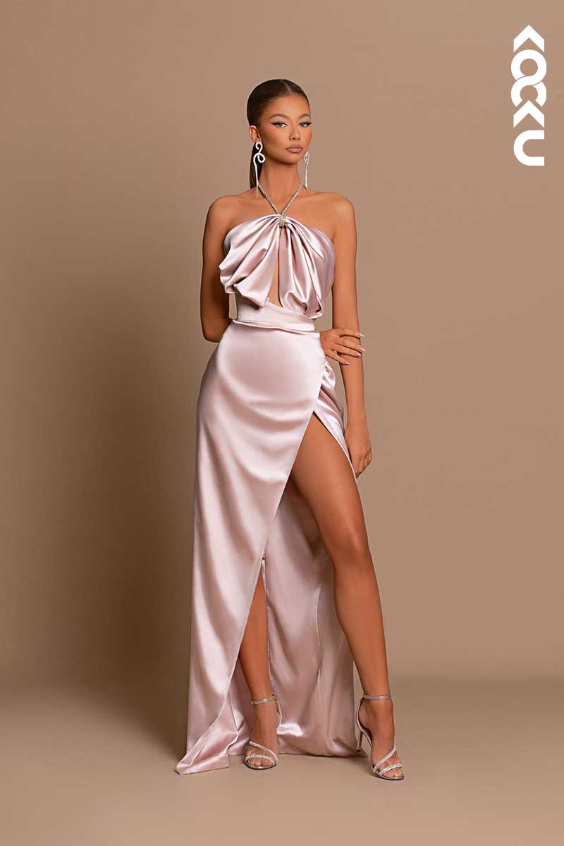 L1443 - Halter Sleeveless Cut Outs Long Prom Evening Formal Dress With Slit