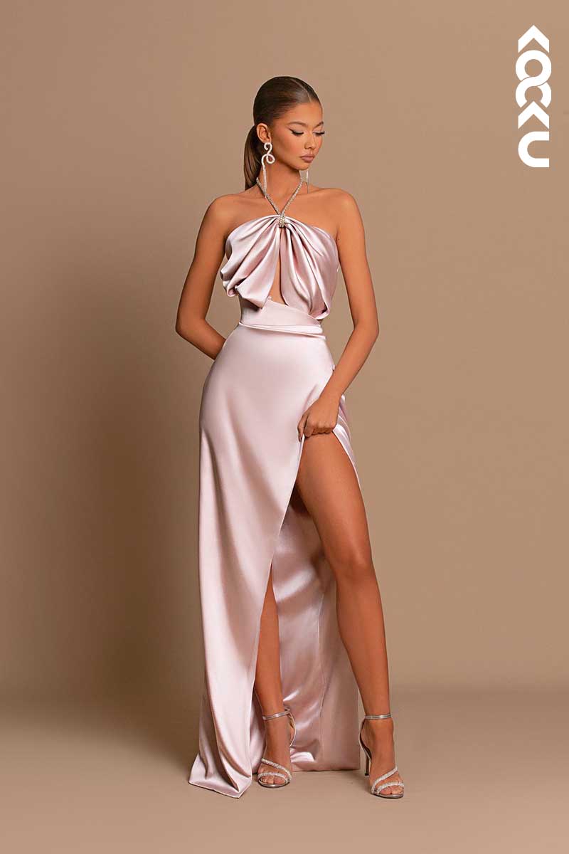 L1443 - Halter Sleeveless Cut Outs Long Prom Evening Formal Dress With Slit