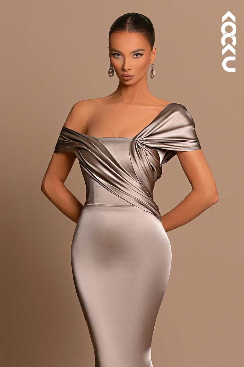 L1445 - Off-Shoulder Asymmetrical Ruched Mermaid Prom Evening Formal Dress