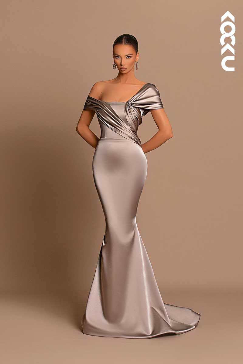 L1445 - Off-Shoulder Asymmetrical Ruched Mermaid Prom Evening Formal Dress
