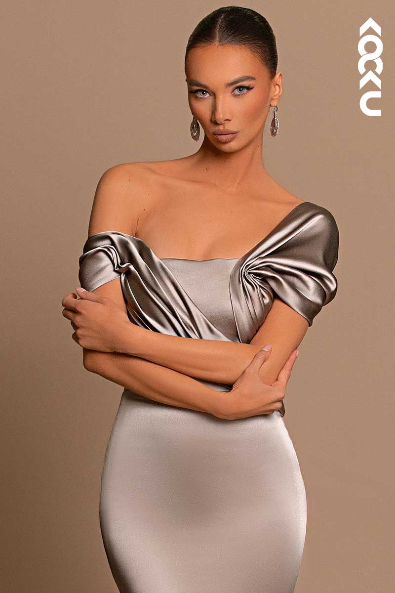L1445 - Off-Shoulder Asymmetrical Ruched Mermaid Prom Evening Formal Dress