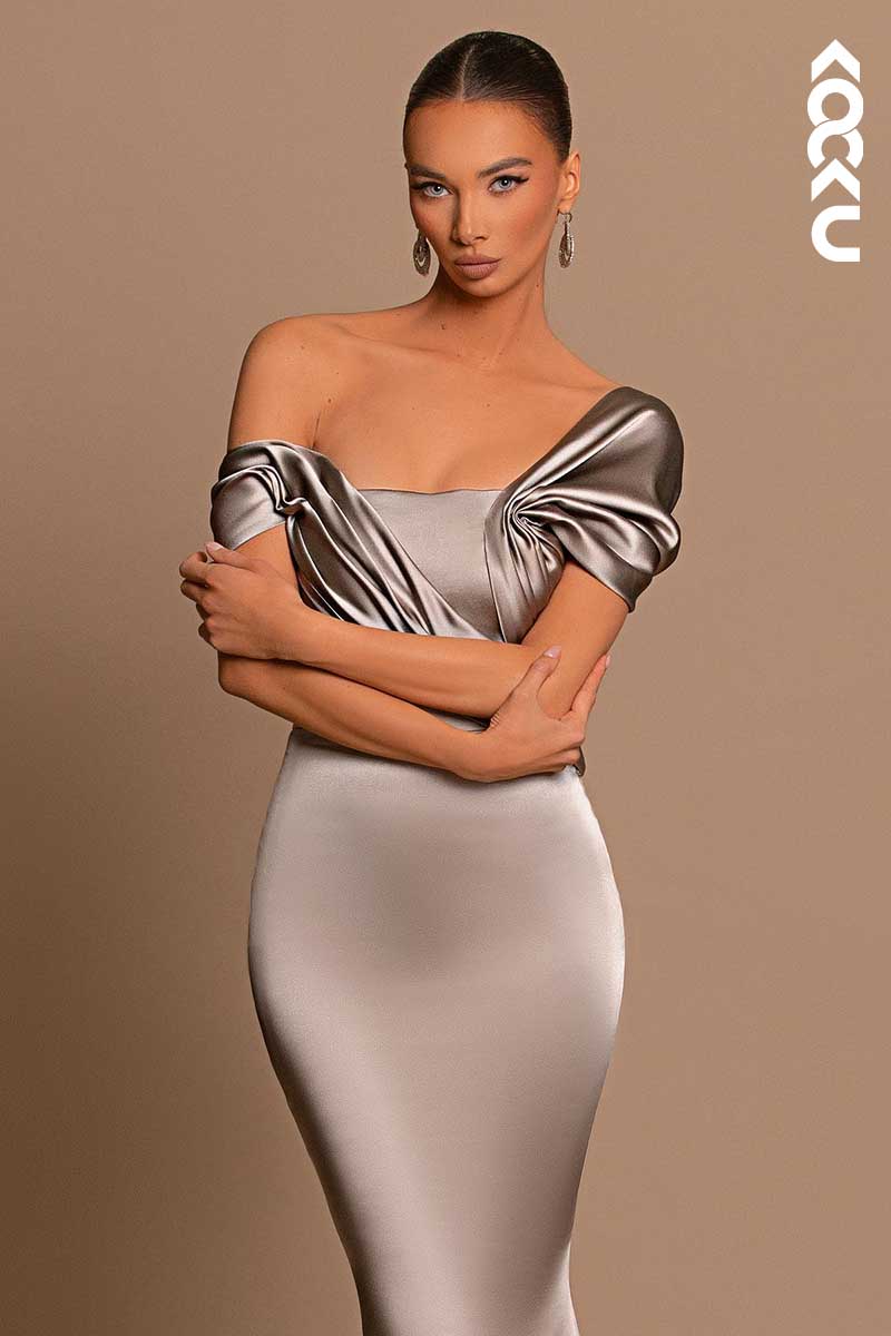 L1445 - Off-Shoulder Asymmetrical Ruched Mermaid Prom Evening Formal Dress