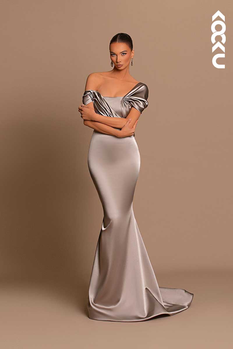 L1445 - Off-Shoulder Asymmetrical Ruched Mermaid Prom Evening Formal Dress
