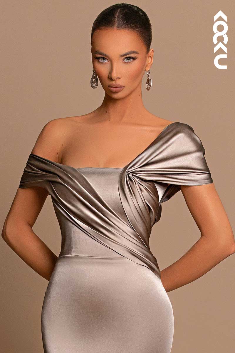 L1445 - Off-Shoulder Asymmetrical Ruched Mermaid Prom Evening Formal Dress