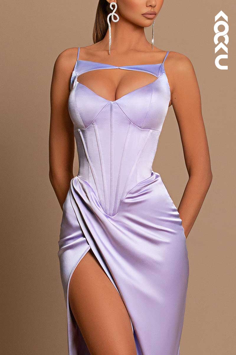 L1446 - Spaghetti Straps Cut Outs Long Prom Evening Formal Dress With Slit