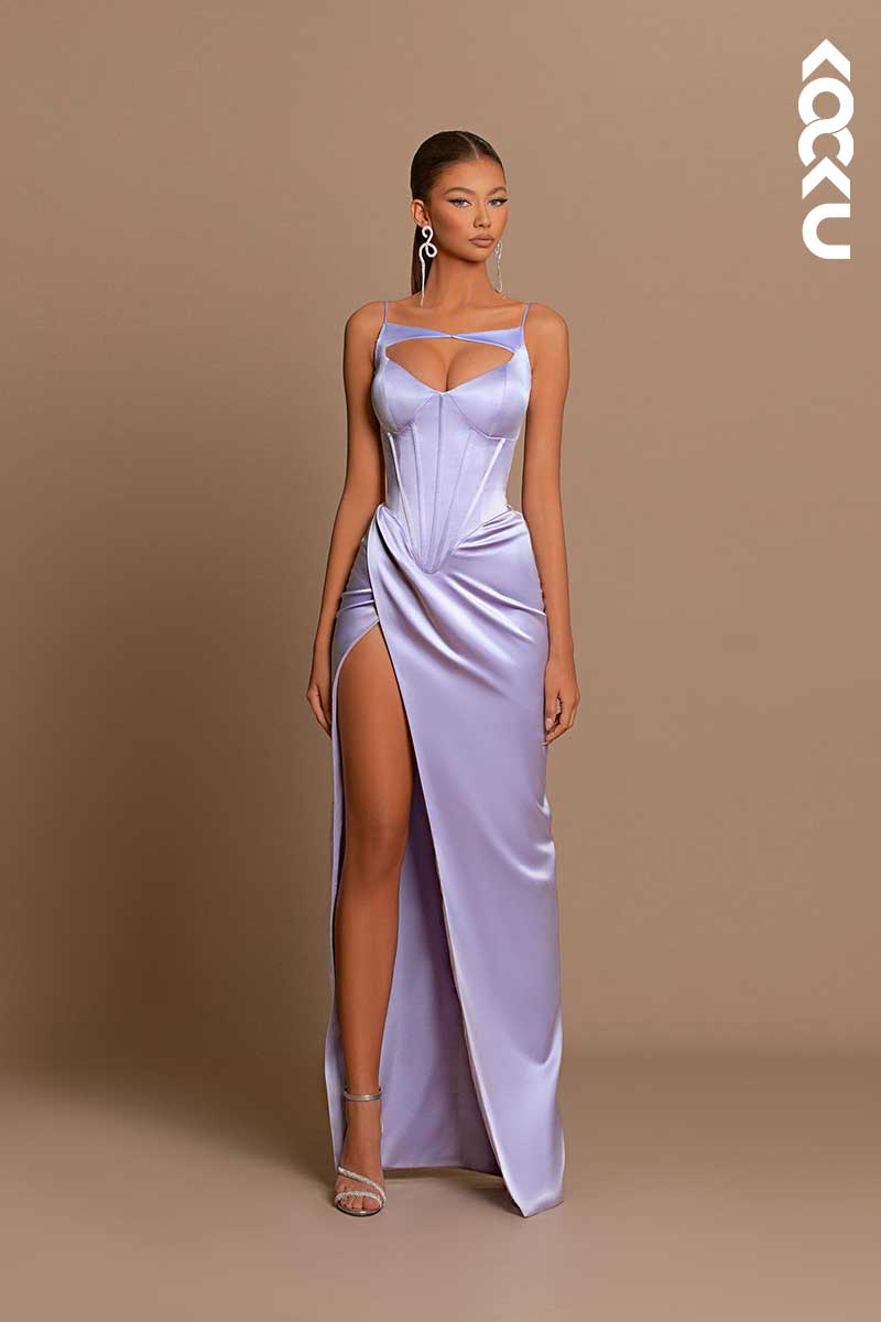 L1446 - Spaghetti Straps Cut Outs Long Prom Evening Formal Dress With Slit