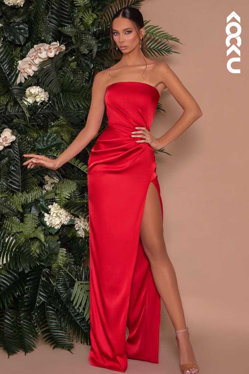 L1453 - Strapless Ruched Satin Sheath Long Prom Evening Formal Dress With Slit