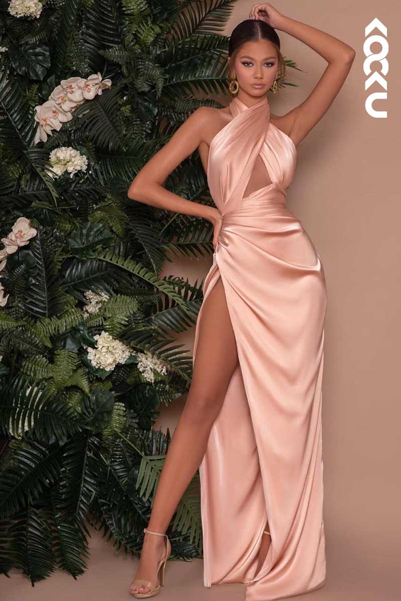 L1459 - Cross Neck Halter Cut Outs Long Prom Evening Formal Dress With Slit