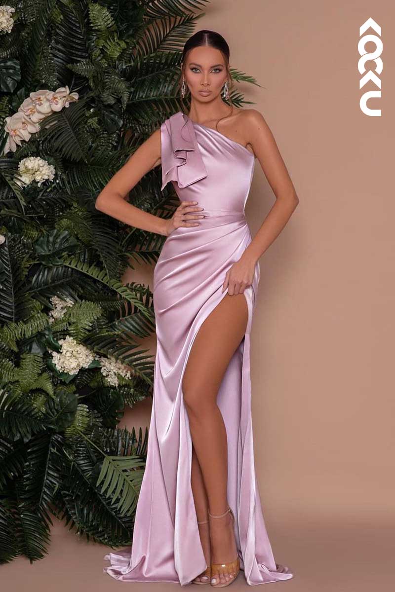 L1460 - One Shoulder Ruched Satin Long Prom Evening Formal Dress With Slit