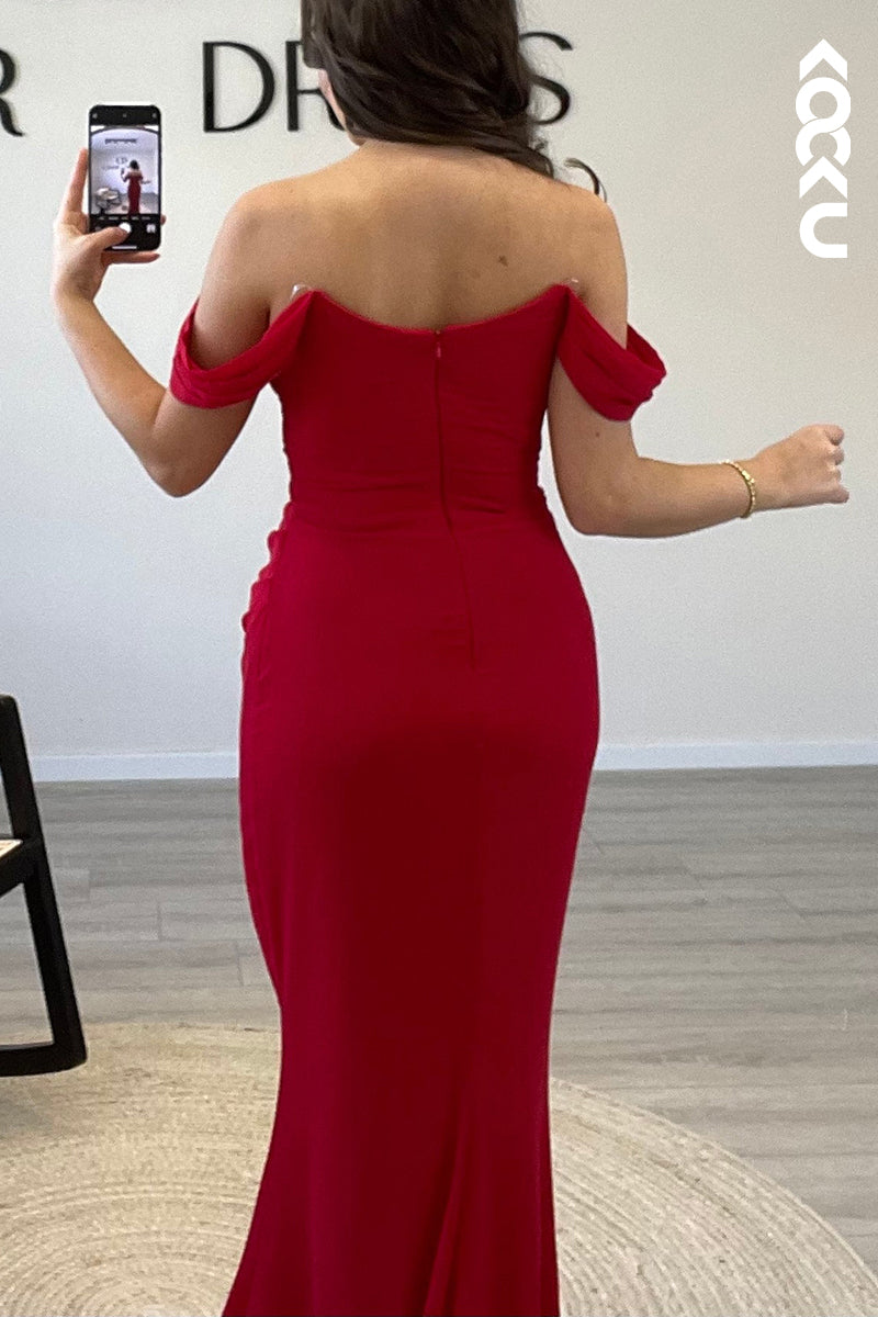 L1465 - Mermaid/Trumpet Off Shoulder Pleated Satin Long Semi Formal Dress